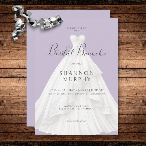 Modern Wedding Dress on Purple Bridal Brunch Invitation