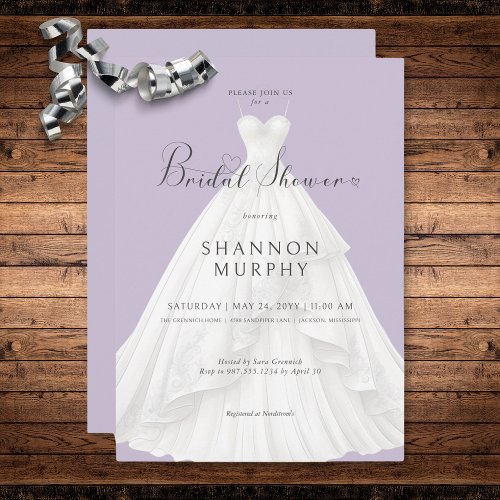 Modern Wedding Dress on Purple Bridal Shower Invitation