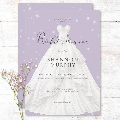 Modern Wedding Dress Purple Sparkle Bridal Shower Invitation