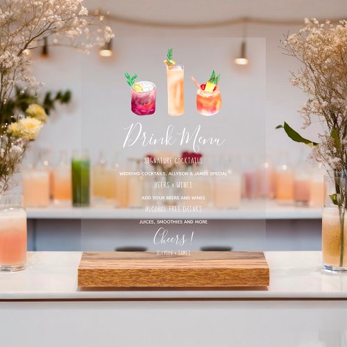 Modern wedding drink menu cocktails illustration  acrylic sign