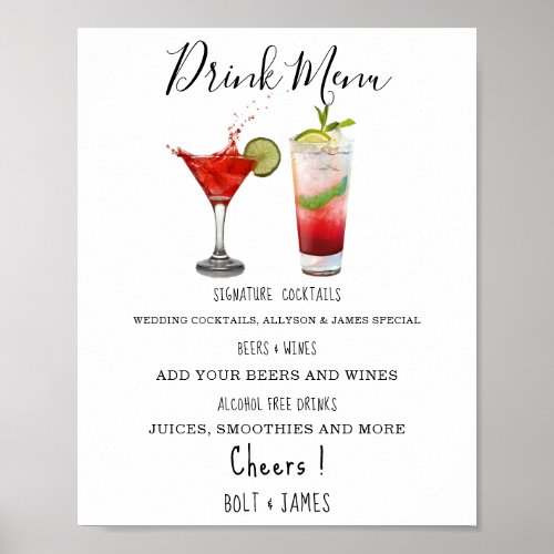 Modern wedding drink menu cocktails illustration p poster