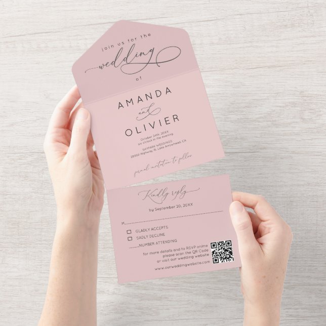 Modern Wedding Elegant Chic Calligraphy Blush Pink All In One Invitation (Tearaway)