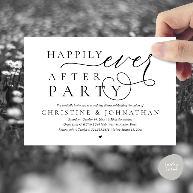 Modern Wedding Elopement, Happily Ever After Party Invitation (Modern Cute Wedding Elopement, Happily Ever After Party Invitation Card, PDF, in Black and White)