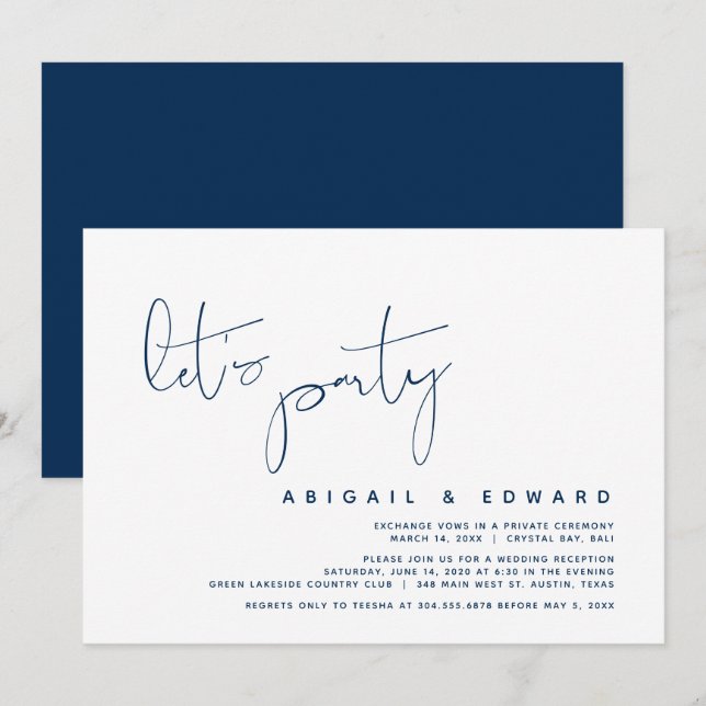Modern Wedding Elopement, Let's Party, Navy Blue Invitation (Front/Back)