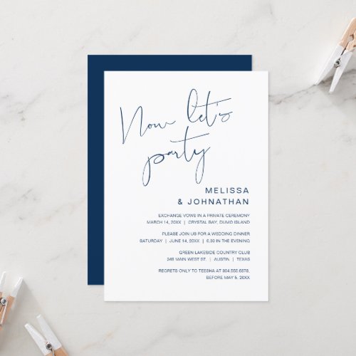 Modern Wedding Elopement Now Lets Party Navy Invitation