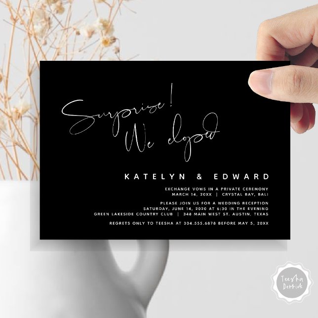 Modern Wedding Elopement, Surprise, we eloped Invitation (Modern Wedding Elopement, Surprise, we eloped, dinner Invitation Card, PDF, in Black and White)