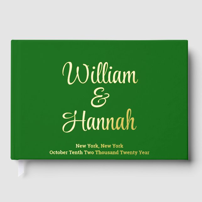 Modern Wedding Emerald Green with Gold Hardcover Foil Guest Book (Front)