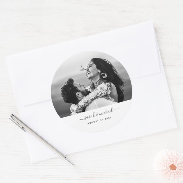 Modern Wedding Favor Save the Date Photo Script Classic Round Sticker (Envelope)