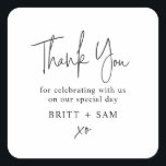 Modern Wedding Favor Script Handwritten Custom Cla Square Sticker<br><div class="desc">Can be customized to suit your needs.
© Gorjo Designs. Made for you via the Zazzle platform. 

// Need help customizing your design? Got other ideas? Feel free to contact me (Zoe) directly via the contact button below.</div>