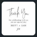 Modern Wedding Favor Script Handwritten Custom Cla Square Sticker<br><div class="desc">Can be customized to suit your needs.
© Gorjo Designs. Made for you via the Zazzle platform. 

// Need help customizing your design? Got other ideas? Feel free to contact me (Zoe) directly via the contact button below.</div>