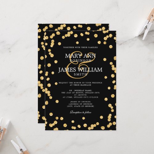 Modern Wedding Gold Glitter Confetti Black Invitation