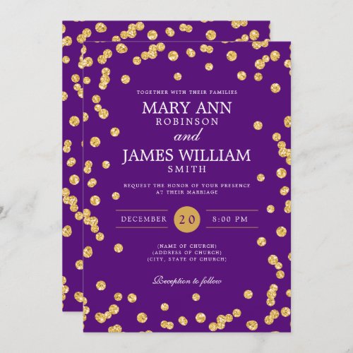 Modern Wedding Gold Glitter Confetti Purple  Invitation