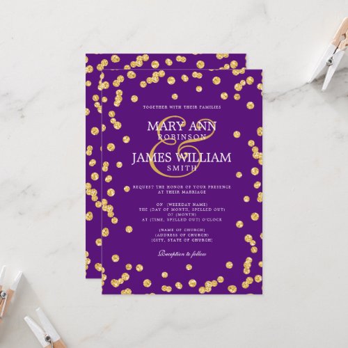 Modern Wedding Gold Glitter Confetti Purple  Invitation