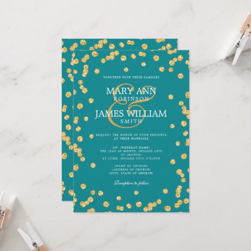 Modern Wedding Gold Glitter Confetti Teal  Invitation