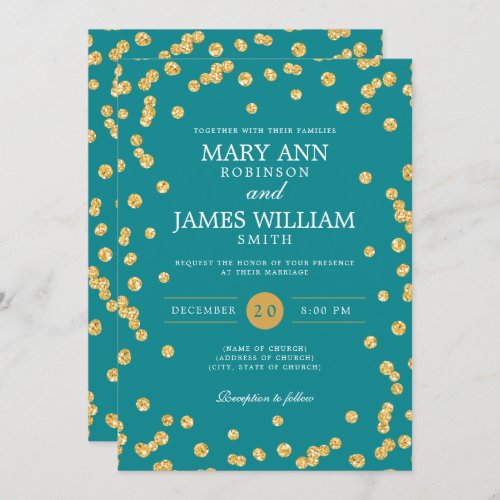 Modern Wedding Gold Glitter Confetti Teal Invitation