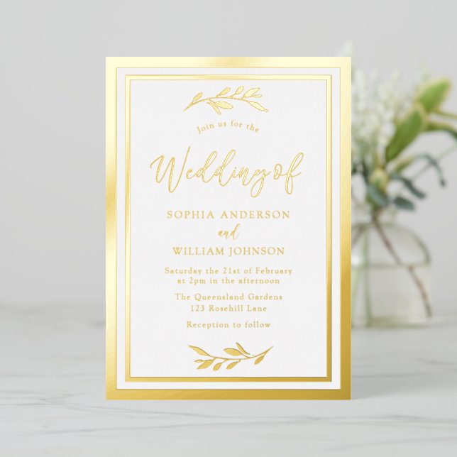 Modern Wedding Gold Leaf Elegant Border Foil Invitation (Standing Front)