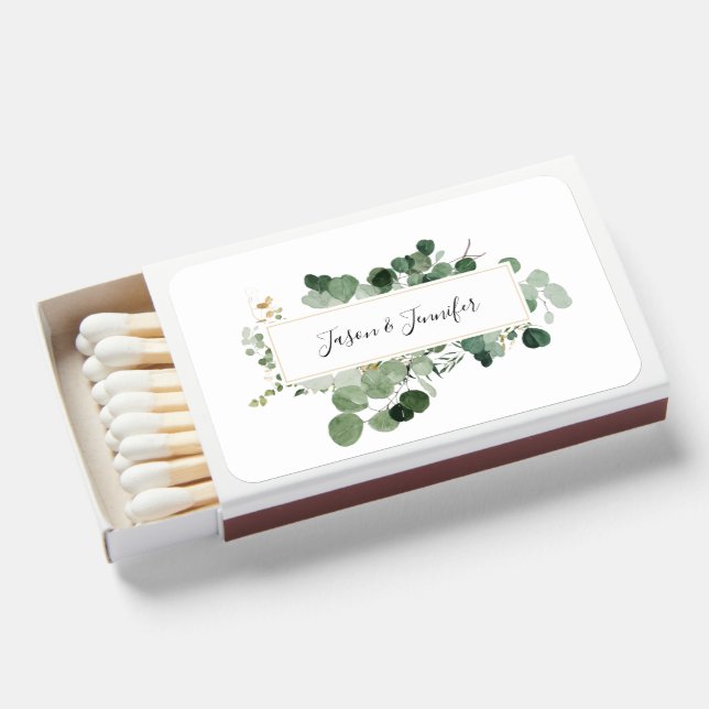 Modern Wedding Greenery Couple NAMES Elegant Gold Matchboxes (Front Open)
