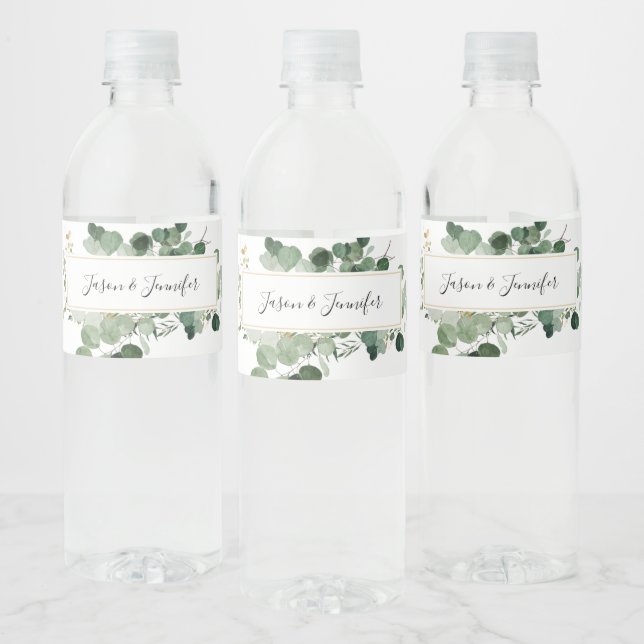 Modern Wedding Greenery Custom Couple Names  Water Bottle Label (Bottles)