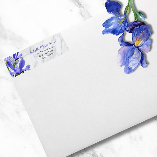 Modern Wedding Grey Marble Blue Irises Floral Label (Creator Uploaded)