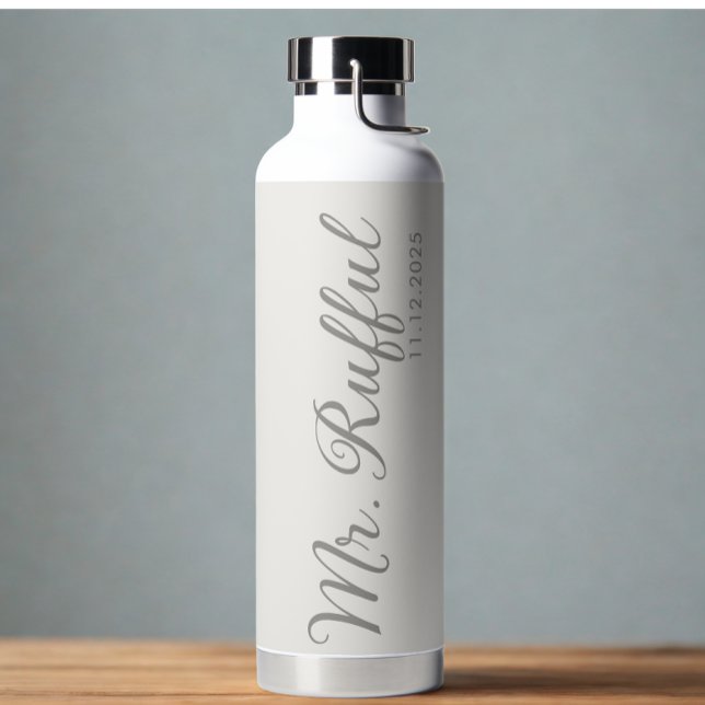 Modern Wedding Groom Name Date Orff white Text Water Bottle (Modern custom groom name with date thermal water bottle )