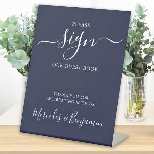 Modern Wedding Guest Book Navy Blue Pedestal Sign