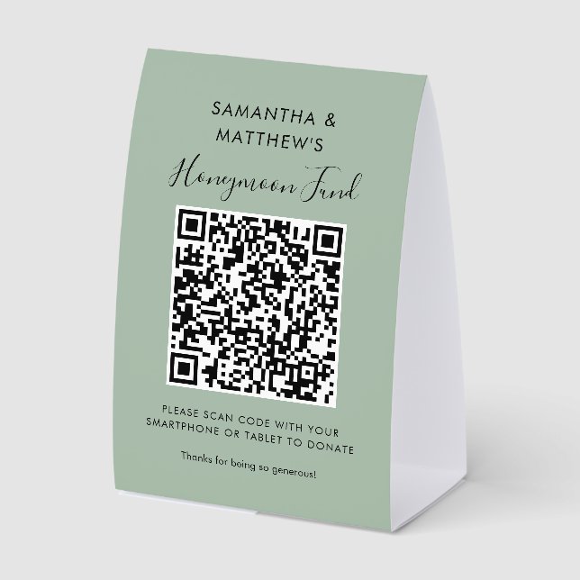 Modern Wedding Honeymoon Fund QR Code Donation Paper Table Tent (Front)