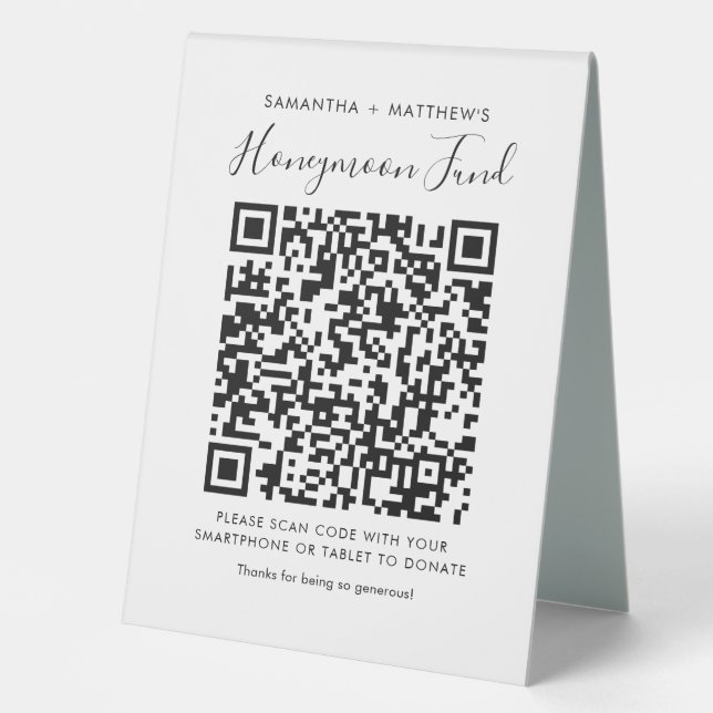 Modern Wedding Honeymoon Fund QR Code Donation Table Tent (Front)