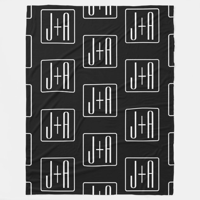 Modern Wedding Initials Pattern | Black & White Fleece Blanket (Front)