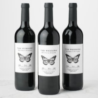 Modern Wedding Invitation Black & White Butterfly Wine Label