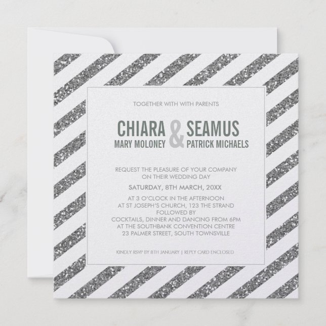 MODERN WEDDING INVITATION glitter stripe silver (Front)