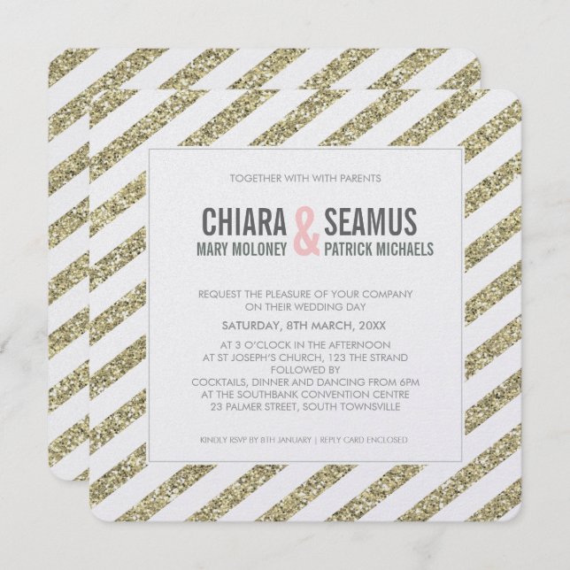 MODERN WEDDING INVITATION glitter stripe soft gold (Front/Back)