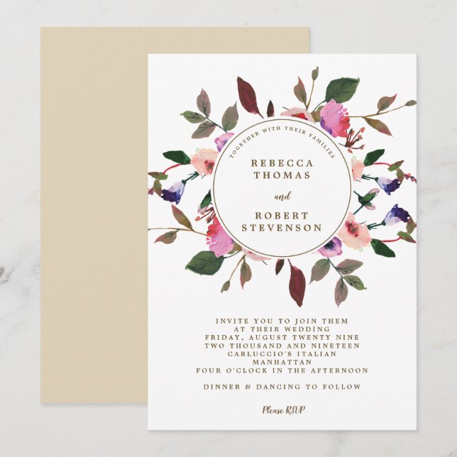 modern wedding invitation pink purple florals (Front/Back)