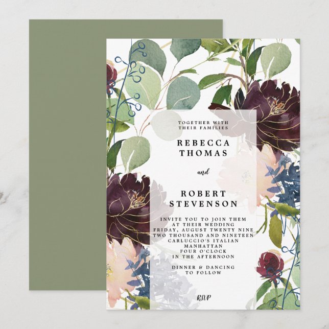 modern wedding invitation purple blue green floral (Front/Back)