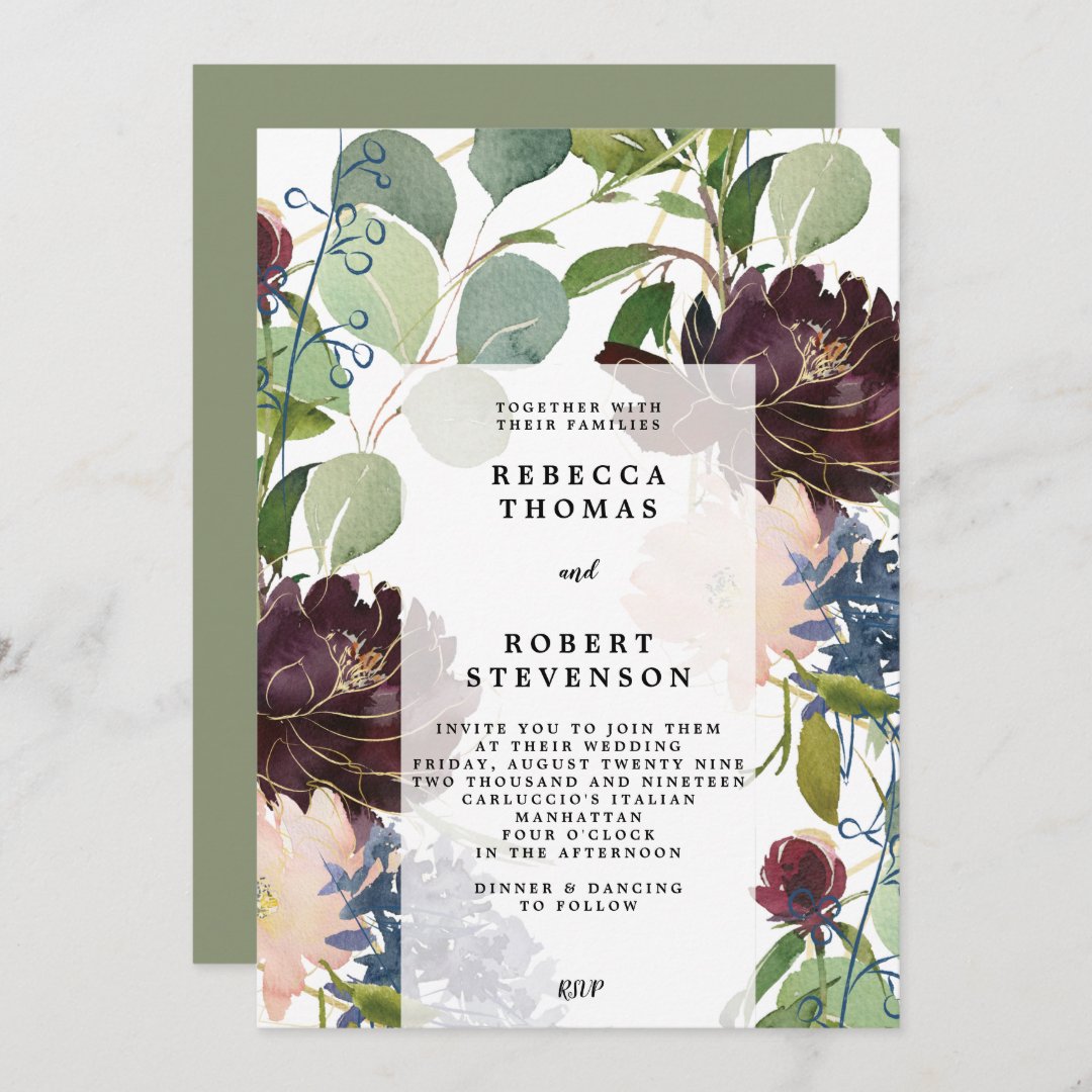 modern wedding invitation purple blue green floral | Zazzle