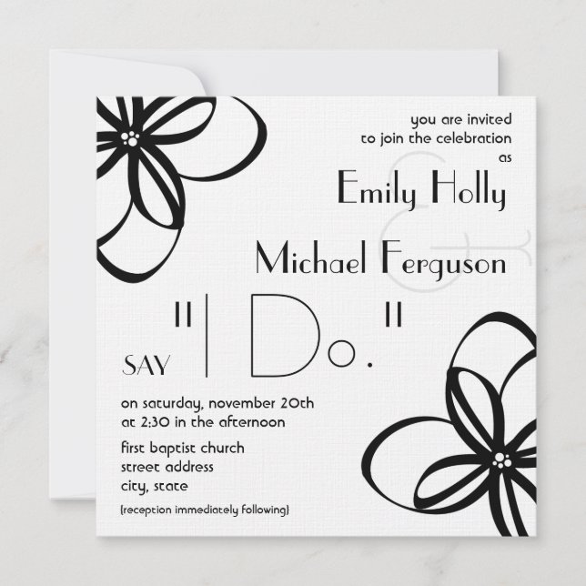 Modern Wedding Invite - Black & White With Flowers (Front)