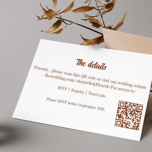 Modern wedding invite with QR code details