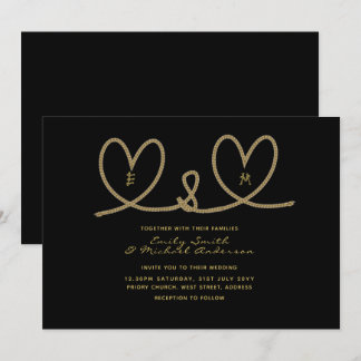 Modern Wedding Invites - Black Gold Rope Hearts