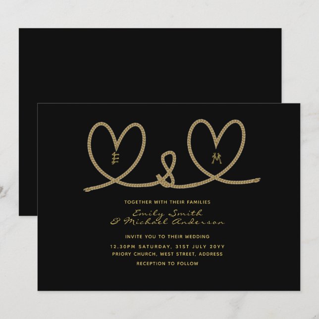 Modern Wedding Invites - Black Gold Rope Hearts (Front/Back)