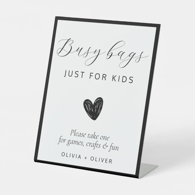 Modern wedding kids busy bag sign (Front)