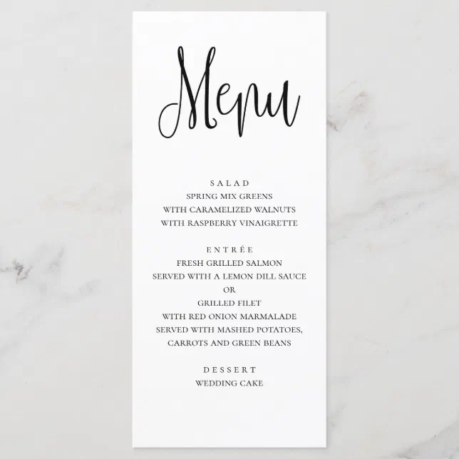 Modern wedding menu. Black and white dinner menu | Zazzle