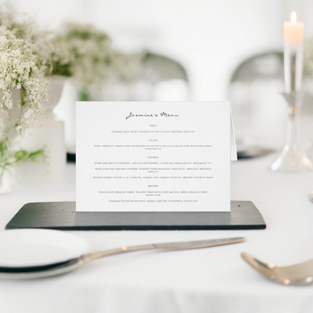 Modern wedding menu card and place card in one  (let yours gusts know what theyre having for their meal with guest meal signs )