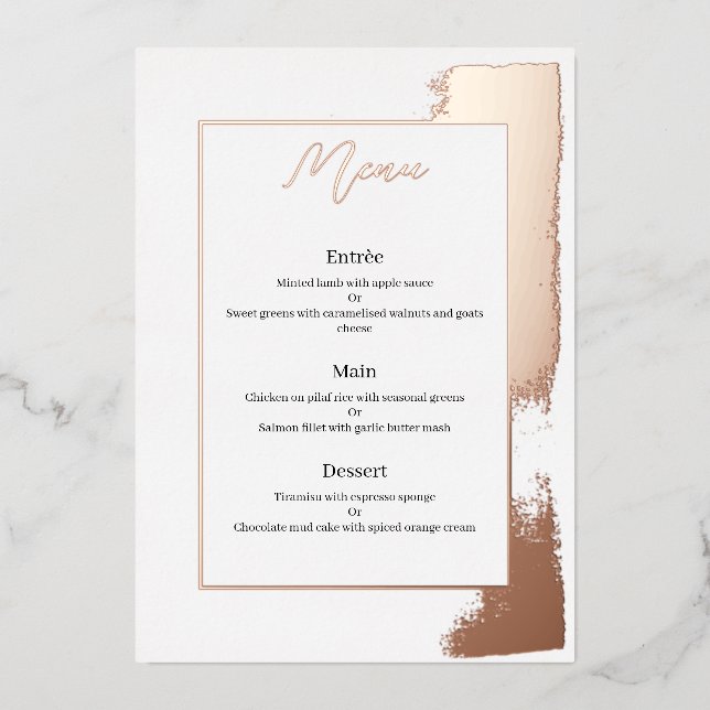 Modern wedding menu with painted foil invitation (Front)
