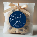 Modern Wedding Minimal Thank You Cute Heart Gifts Classic Round Sticker<br><div class="desc">Modern Wedding minimalist Thank You Gifts Classic favor Round Sticker,  in romantic script,  cute little heart,  with bride and groom signature and wedding date,  navy blue theme.</div>