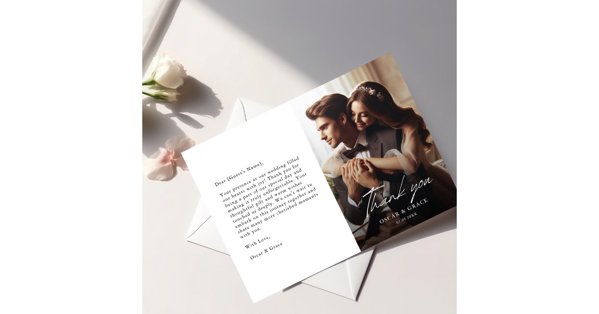 Modern Wedding Minimalist Calligraphy Photo Thank You Card | Zazzle