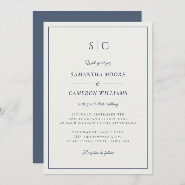 Modern Wedding Minimalist Monogram Blue Cream Invitation (Front/Back)