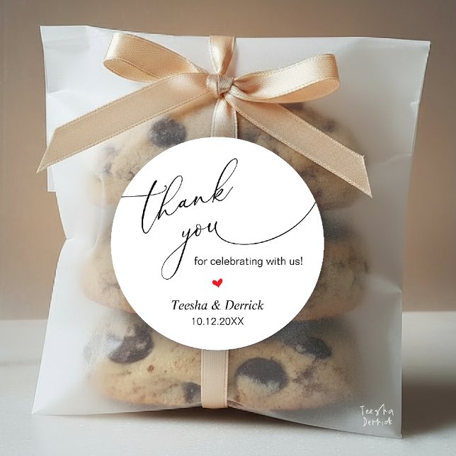 Modern Wedding Minimalist Thank You Gifts  Classic Round Sticker (Modern Wedding Minimalist Thank You Gifts Classic Round Sticker in Black and White, Little Red Heart)