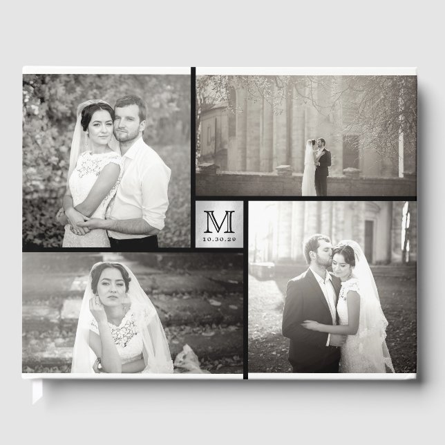 Modern Wedding Monogram 4 Photo Collage Guest Book (Front)