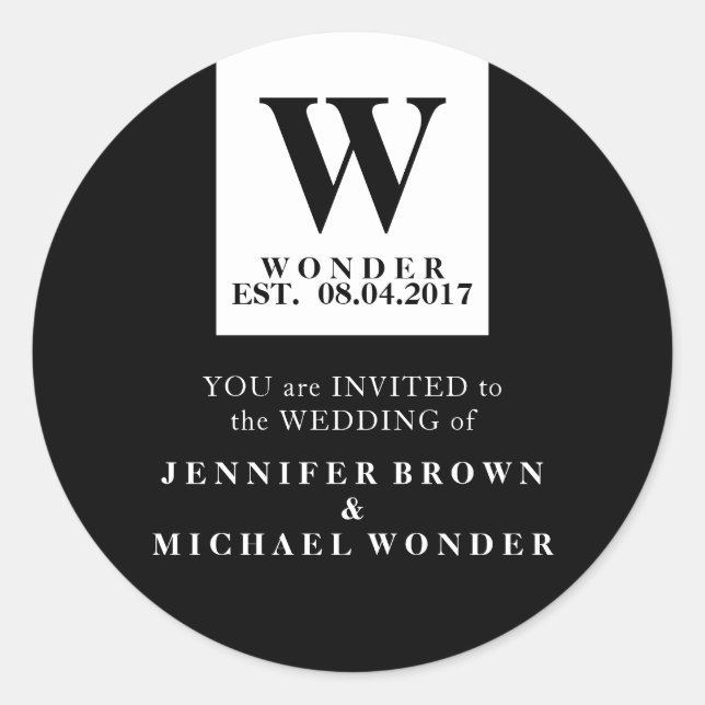 Modern Wedding Monogram Black Classic Round Sticker (Front)