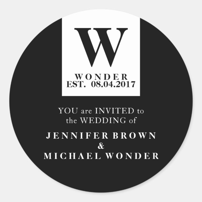 Modern Wedding Monogram Black Classic Round Sticker