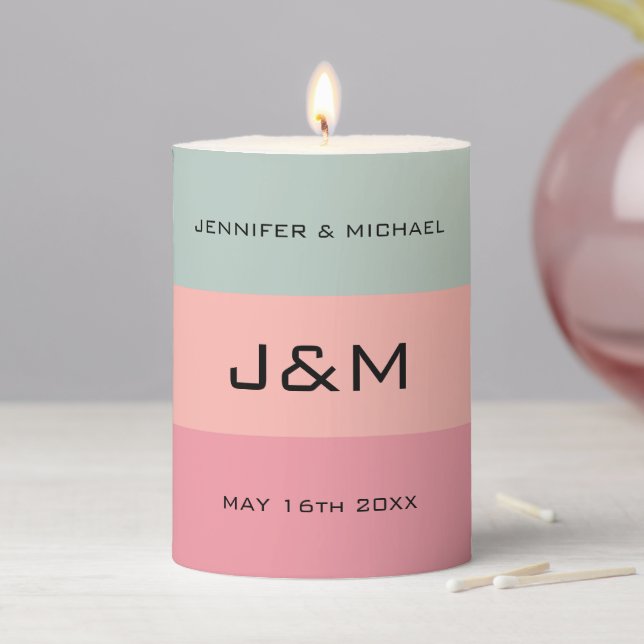Modern Wedding Monogram Elegant Beige Pink Teal Pillar Candle (In Situ)